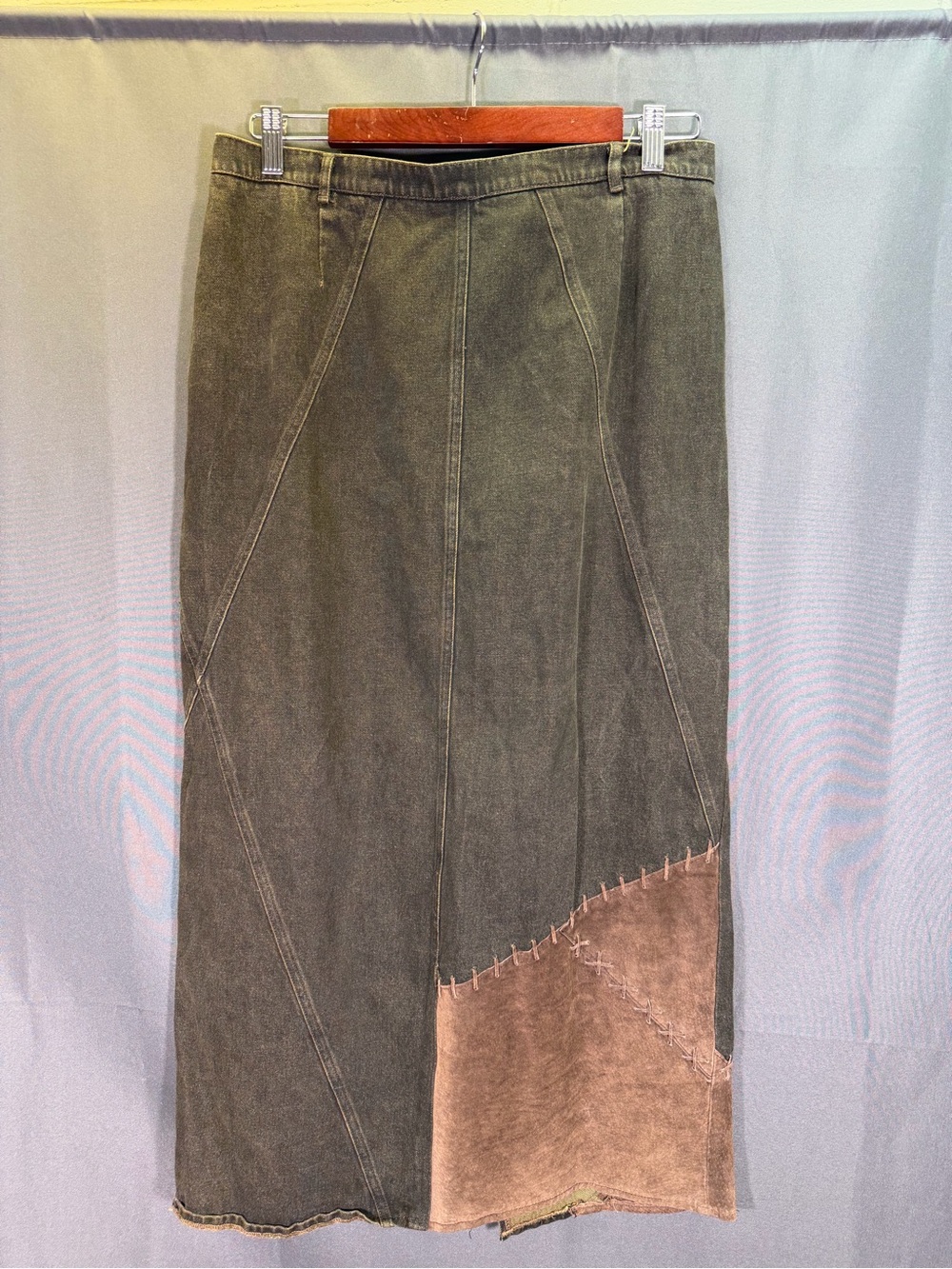 Nancy Bolen vth Y2K 90s Boho Maxi Skirt In Denim And Suede Patch Size 14 Or M
